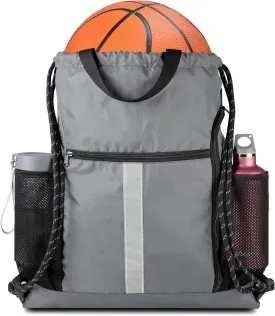 BeeGreen Drawstring Backpack Sports Gym Bag With Shoe Compartment and Two Water Bottle Holder 