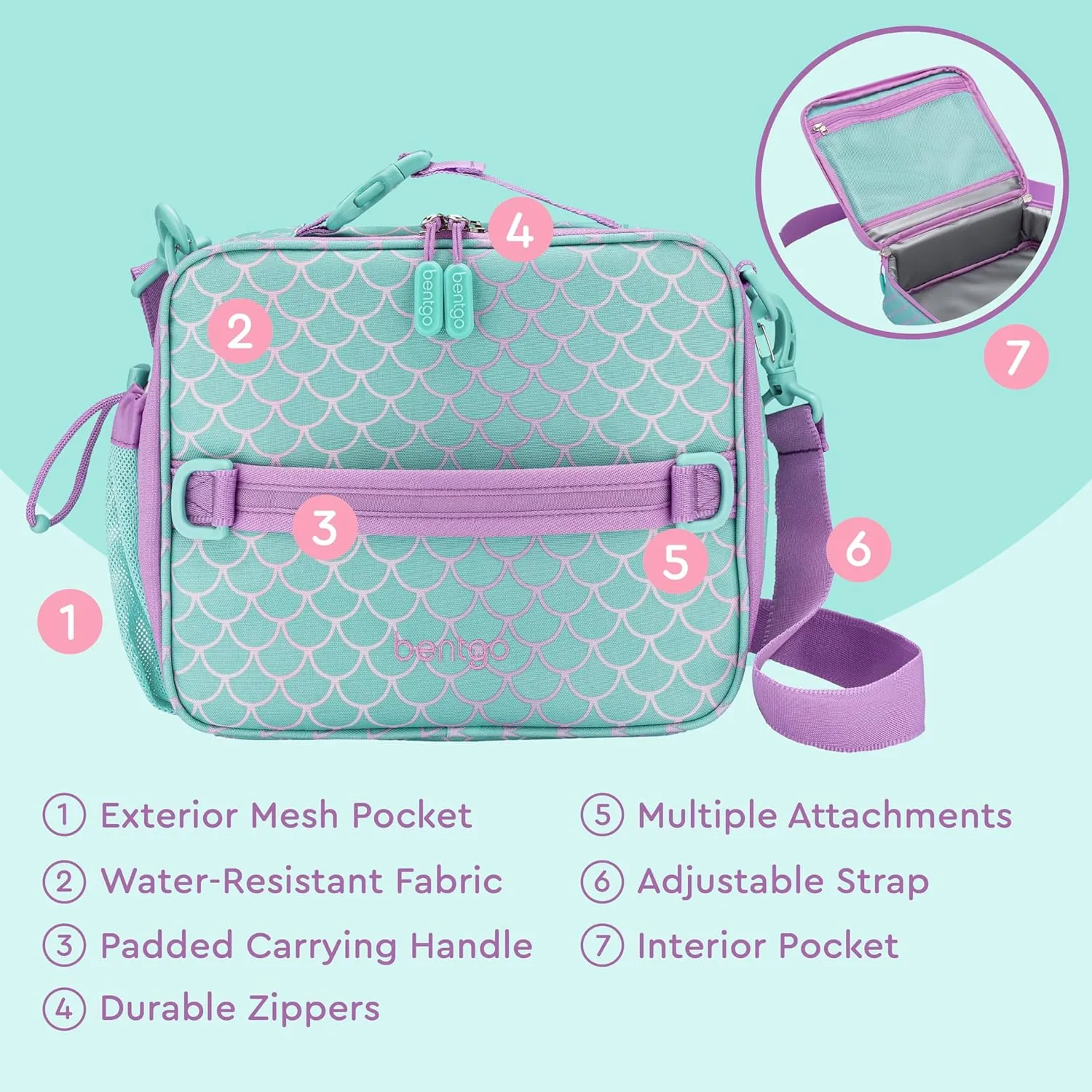 Bentgo Kids Lunch Bag - Durable, Double-Insulated Lunch Bag for Kids 3 ; Holds Lunch Box, Water Bottle, & Snacks; Easy-Clean Water-Resistant Fabric & Multiple Zippered Pockets (Mermaid)
