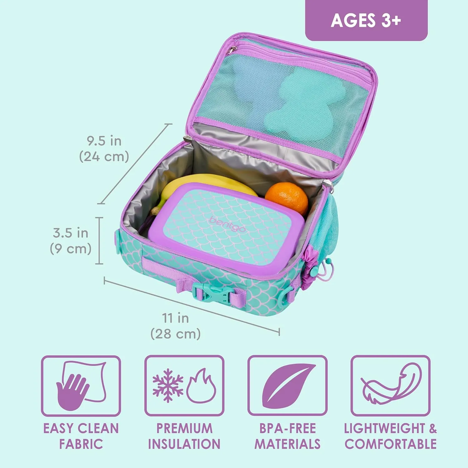 Bentgo Kids Lunch Bag - Durable, Double-Insulated Lunch Bag for Kids 3 ; Holds Lunch Box, Water Bottle, & Snacks; Easy-Clean Water-Resistant Fabric & Multiple Zippered Pockets (Mermaid)