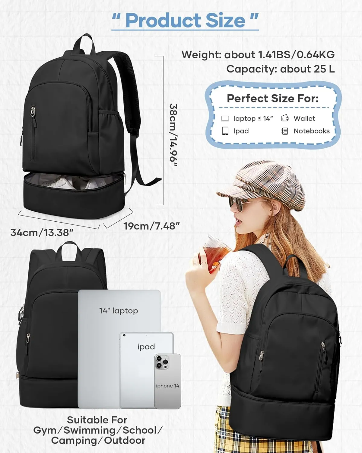 Black Gym Backpack for Women Men with Expandable Shoe Compartment, Mini Foldable Outdoor Weekender Hiking Bag Sports Backpack for Swimming Fitness Yoga Dancing