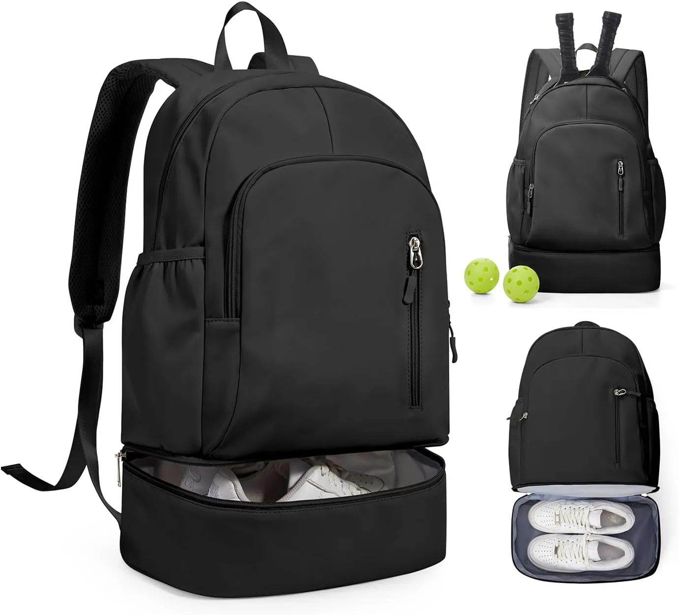 Black Gym Backpack for Women Men with Expandable Shoe Compartment, Mini Foldable Outdoor Weekender Hiking Bag Sports Backpack for Swimming Fitness Yoga Dancing
