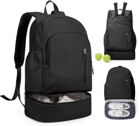 Black Gym Backpack for Women Men with Expandable Shoe Compartment, Mini Foldable Outdoor Weekender Hiking Bag Sports Backpack for Swimming Fitness Yoga Dancing