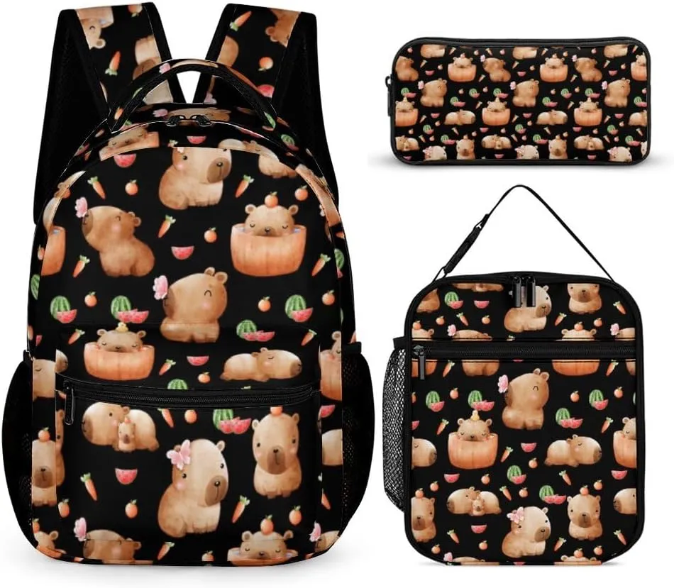 Capybara Backpack with Lunch Box & Pencil Case for Kids Girls Boys School, 16 Inch Cute Capybaras Bookbag, School Backpack for Students Children, Lightweight, Large Capacity