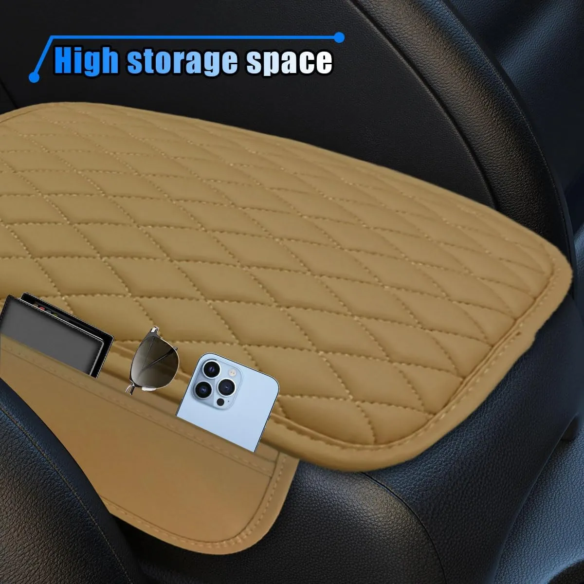Car Center Console Cover, Car Armrest Cover Cushion, Leather Support Pad with 2 Storage Bags, Universal Interior Decorative Accessory for Most Vehicles, SUVs, Trucks, RVs (Yellow)