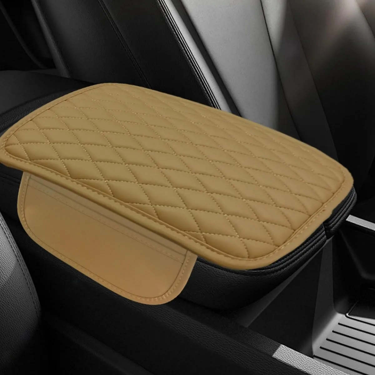 Car Center Console Cover, Car Armrest Cover Cushion, Leather Support Pad with 2 Storage Bags, Universal Interior Decorative Accessory for Most Vehicles, SUVs, Trucks, RVs (Yellow)