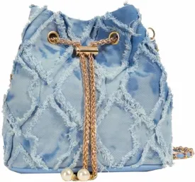 Denim Bags for Women, Adjustable Denim Bucket Bags, Quilted Distressed Fringe Shoulder/Crossbody Jean Purse with Drawstring for SummerDenim