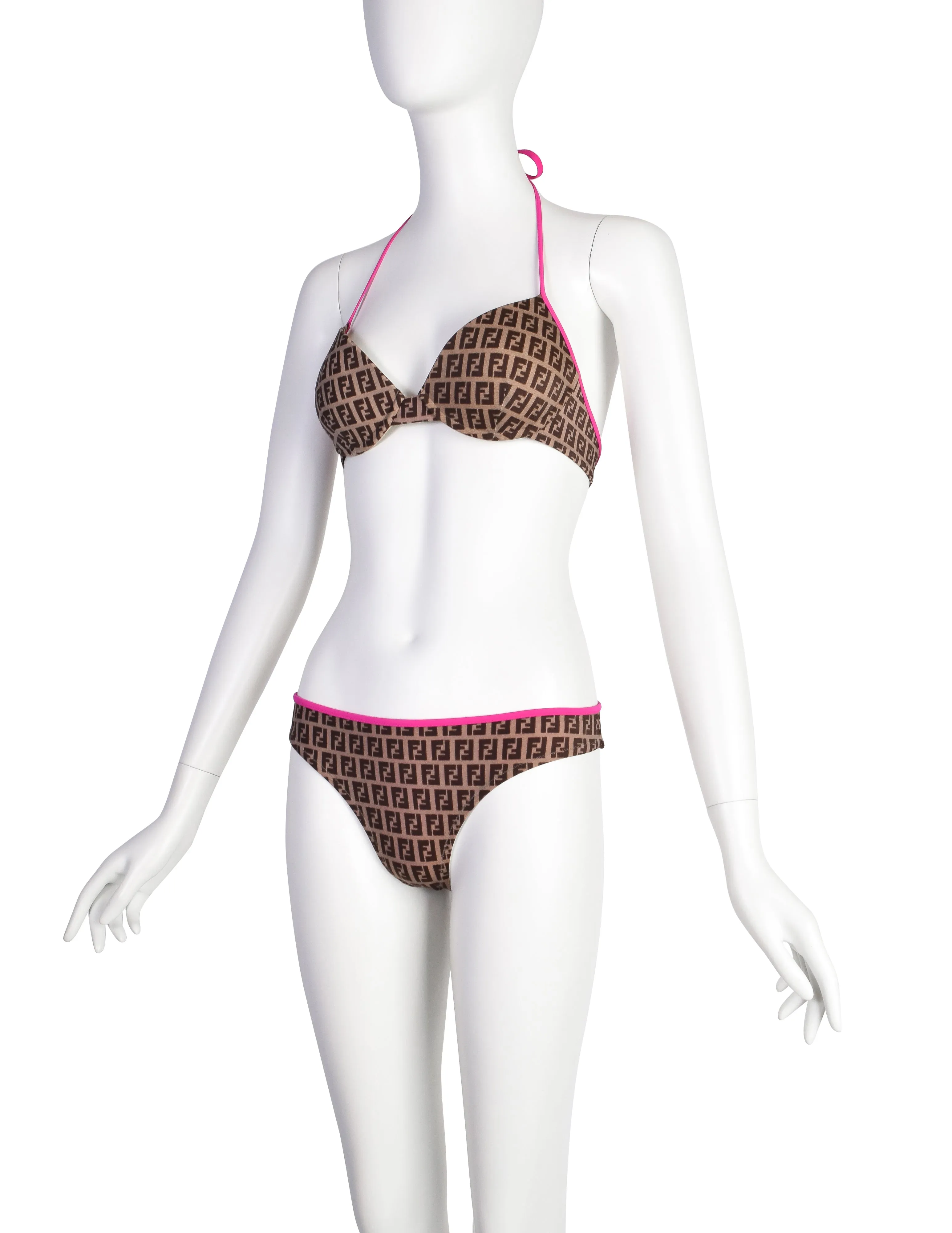 Fendi Vintage Pink and Brown Zucca Monogram FF Logo Two Piece Bikini Swimsuit