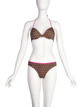 Fendi Vintage Pink and Brown Zucca Monogram FF Logo Two Piece Bikini Swimsuit