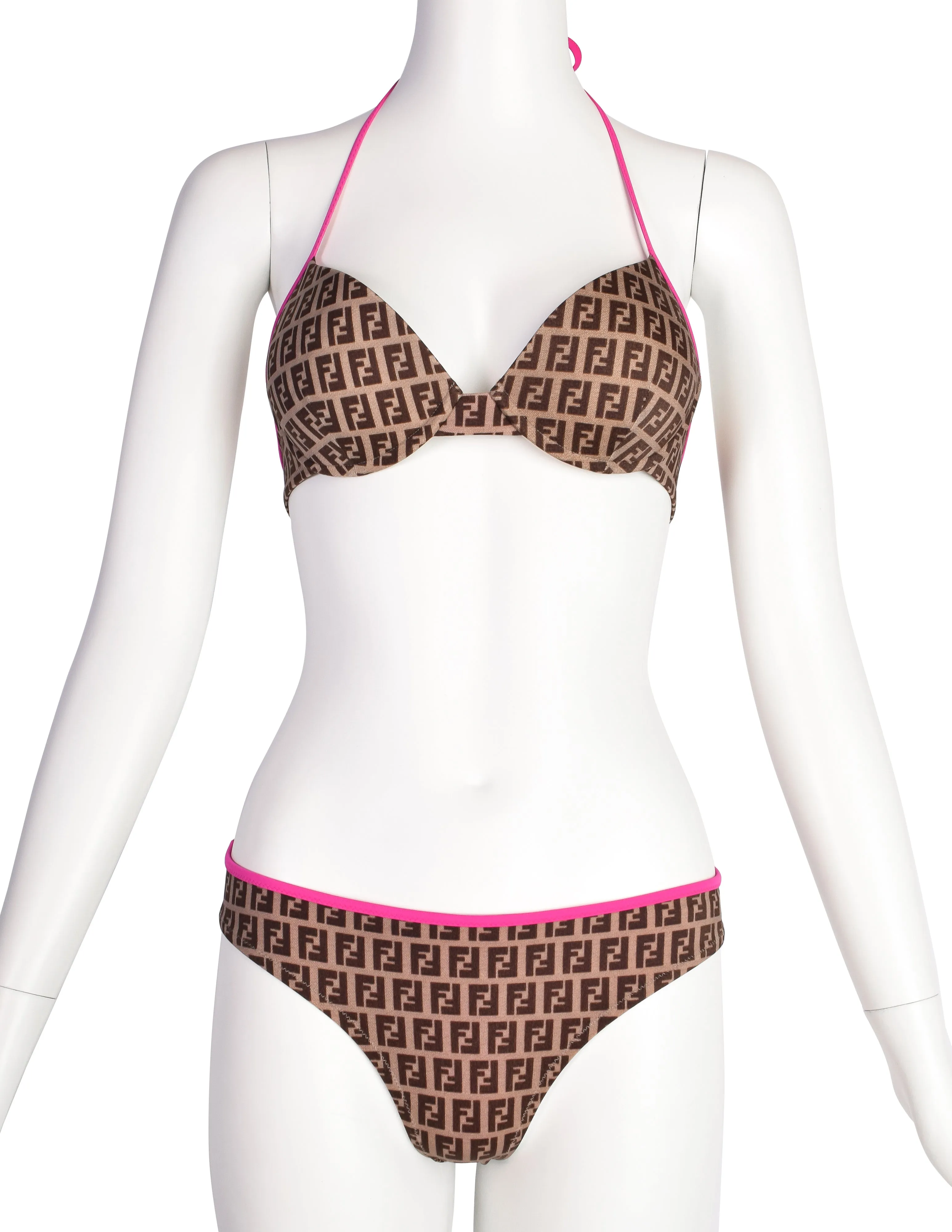 Fendi Vintage Pink and Brown Zucca Monogram FF Logo Two Piece Bikini Swimsuit