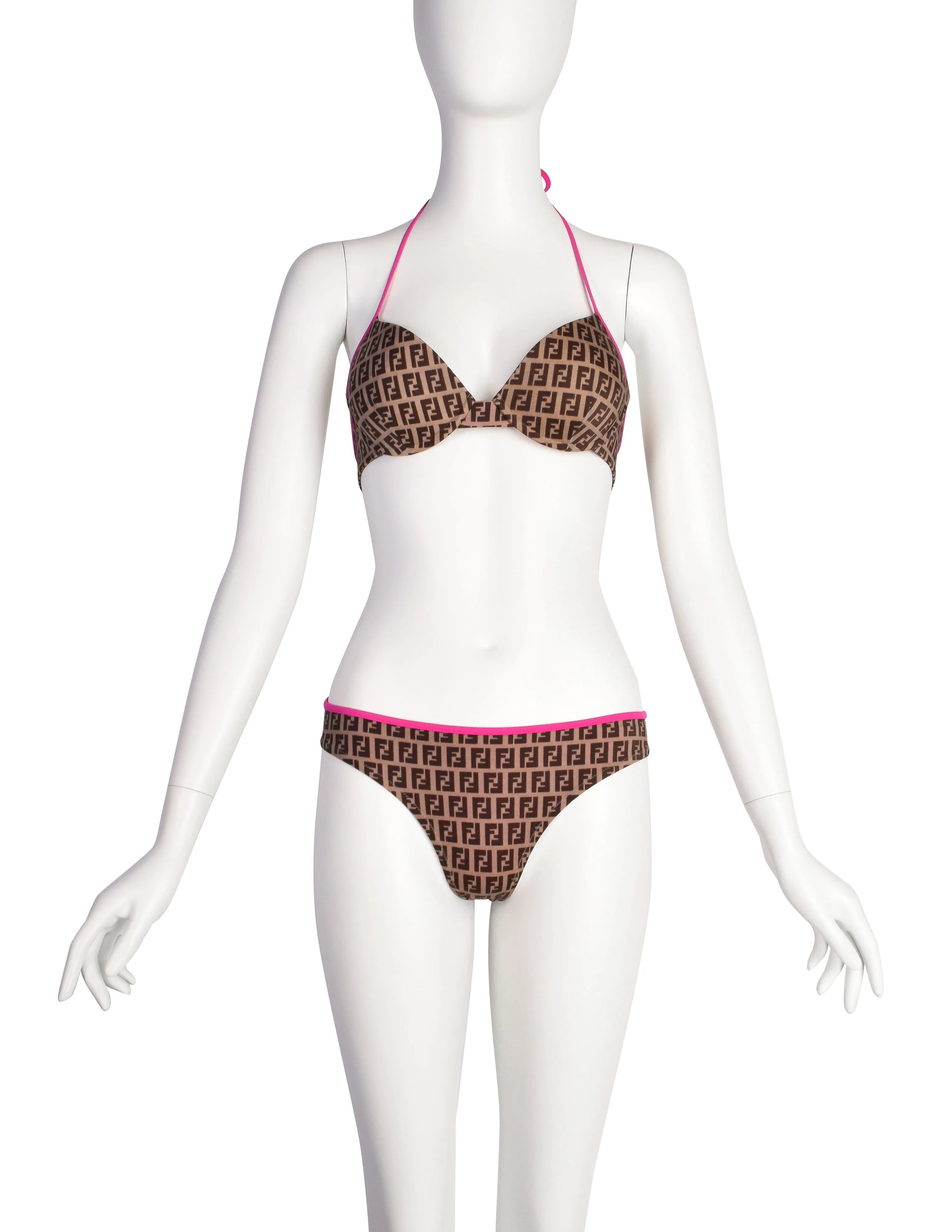 Fendi Vintage Pink and Brown Zucca Monogram FF Logo Two Piece Bikini Swimsuit