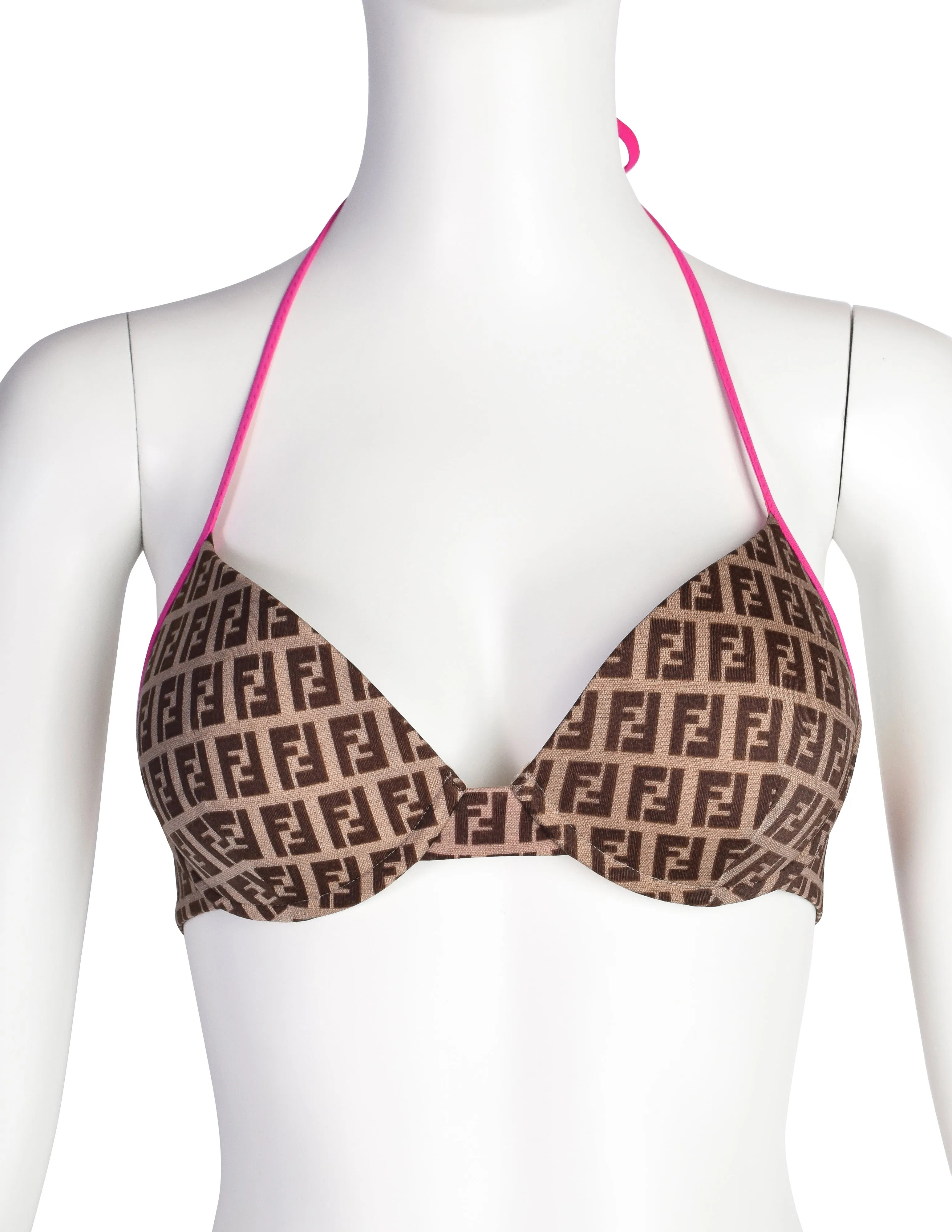 Fendi Vintage Pink and Brown Zucca Monogram FF Logo Two Piece Bikini Swimsuit
