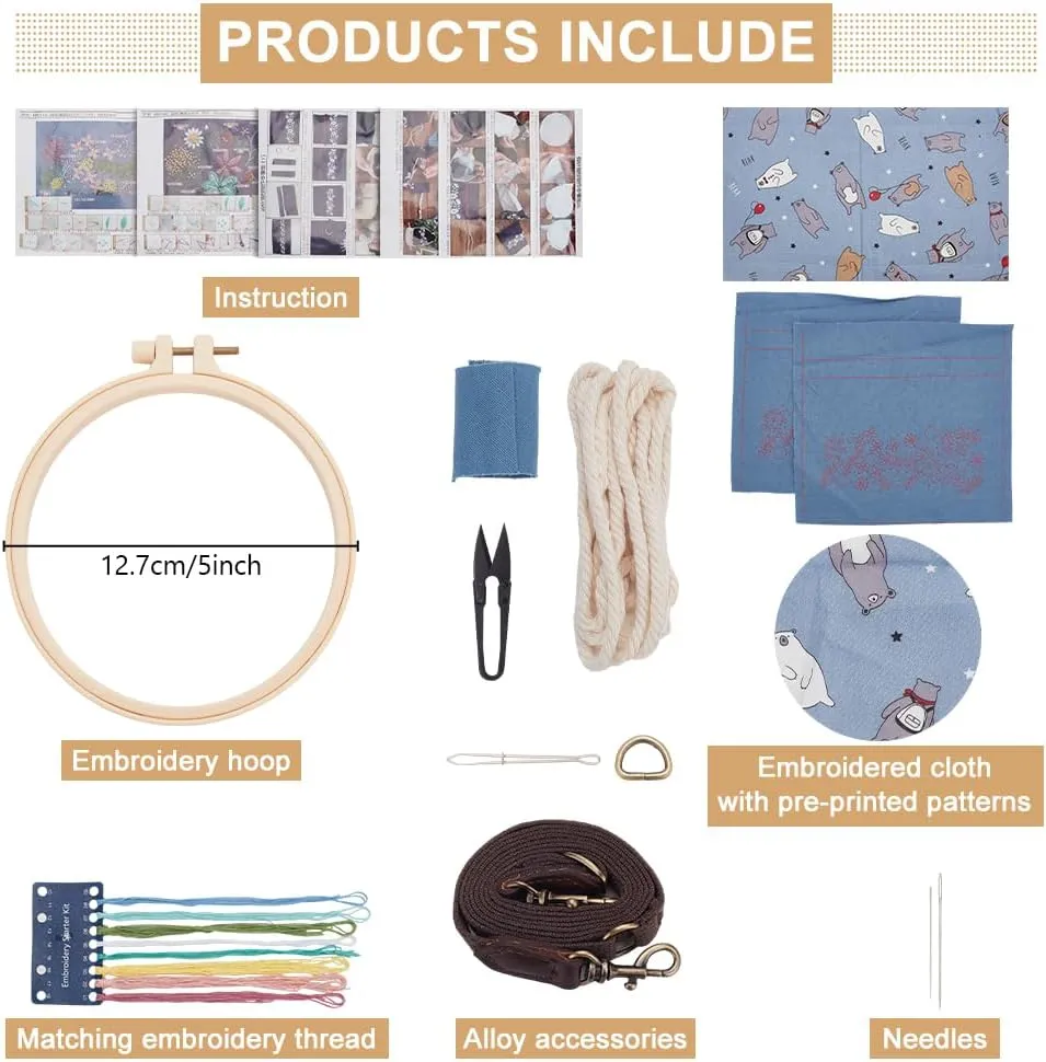 FREEBLOSS Embroidery Drawstring Bag Kit Flower Style Needlepoint Kit for Adults Embroidery Kit with Instruction Blue Women Handmade Bucket Bag Cotton Embroidery Starter Kit for Beginners