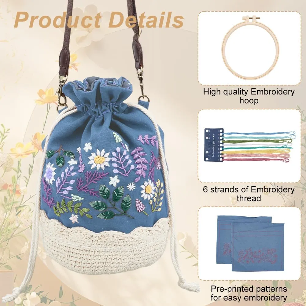 FREEBLOSS Embroidery Drawstring Bag Kit Flower Style Needlepoint Kit for Adults Embroidery Kit with Instruction Blue Women Handmade Bucket Bag Cotton Embroidery Starter Kit for Beginners