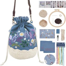 FREEBLOSS Embroidery Drawstring Bag Kit Flower Style Needlepoint Kit for Adults Embroidery Kit with Instruction Blue Women Handmade Bucket Bag Cotton Embroidery Starter Kit for Beginners
