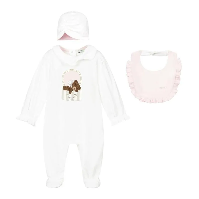 Girls White Babygrow, Hat & Bib Set