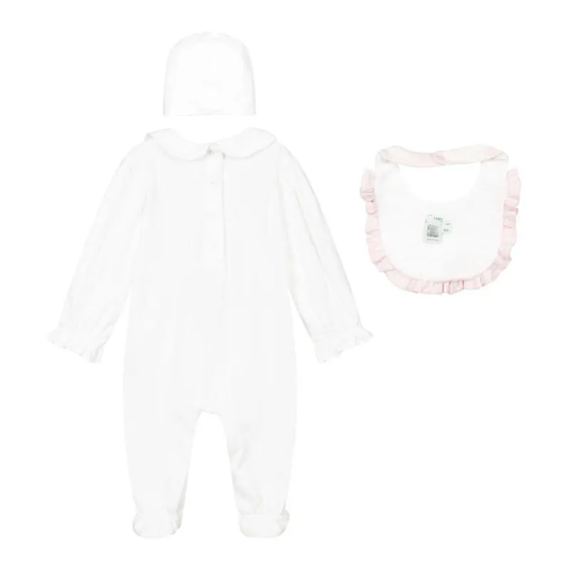 Girls White Babygrow, Hat & Bib Set