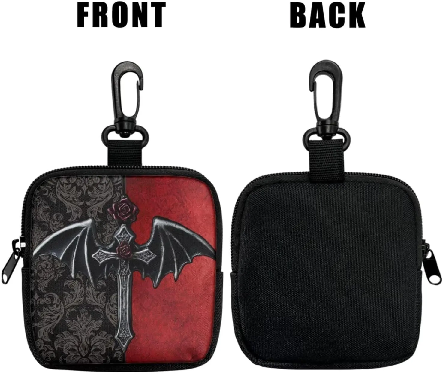 Gothic Bat Cross Printed Zippered Mini Wallet Red Black Coin Purse Pouch with Keychain, Goth Bat Damask Floral Lightweight Change Holder for Men & Women