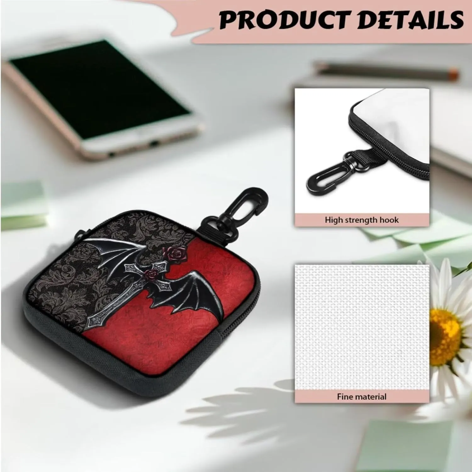 Gothic Bat Cross Printed Zippered Mini Wallet Red Black Coin Purse Pouch with Keychain, Goth Bat Damask Floral Lightweight Change Holder for Men & Women