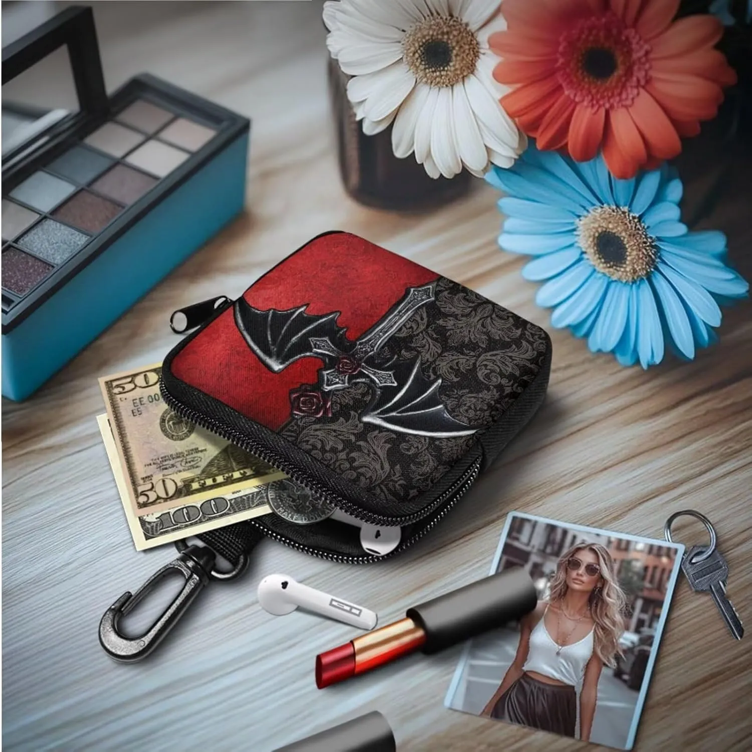 Gothic Bat Cross Printed Zippered Mini Wallet Red Black Coin Purse Pouch with Keychain, Goth Bat Damask Floral Lightweight Change Holder for Men & Women