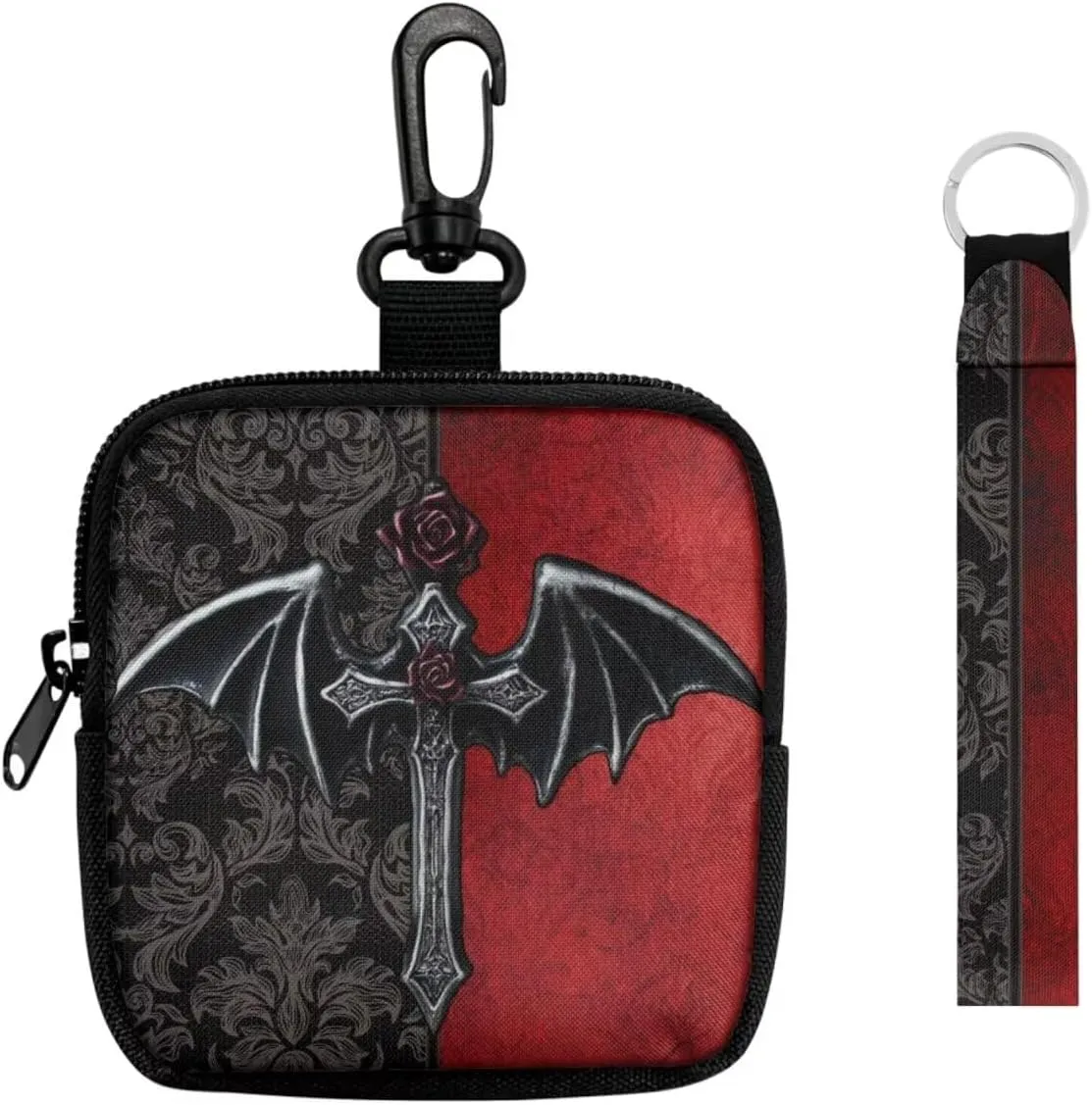 Gothic Bat Cross Printed Zippered Mini Wallet Red Black Coin Purse Pouch with Keychain, Goth Bat Damask Floral Lightweight Change Holder for Men & Women