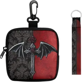 Gothic Bat Cross Printed Zippered Mini Wallet Red Black Coin Purse Pouch with Keychain, Goth Bat Damask Floral Lightweight Change Holder for Men & Women