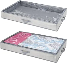 mDesign Soft Fabric Under Bed Storage Organizer Holder Bag for Clothing, Accessories, Linen - Easy-View Top Panel, Attached 2-Way Zippered Lid, Side Handles - 2 Pack - Gray