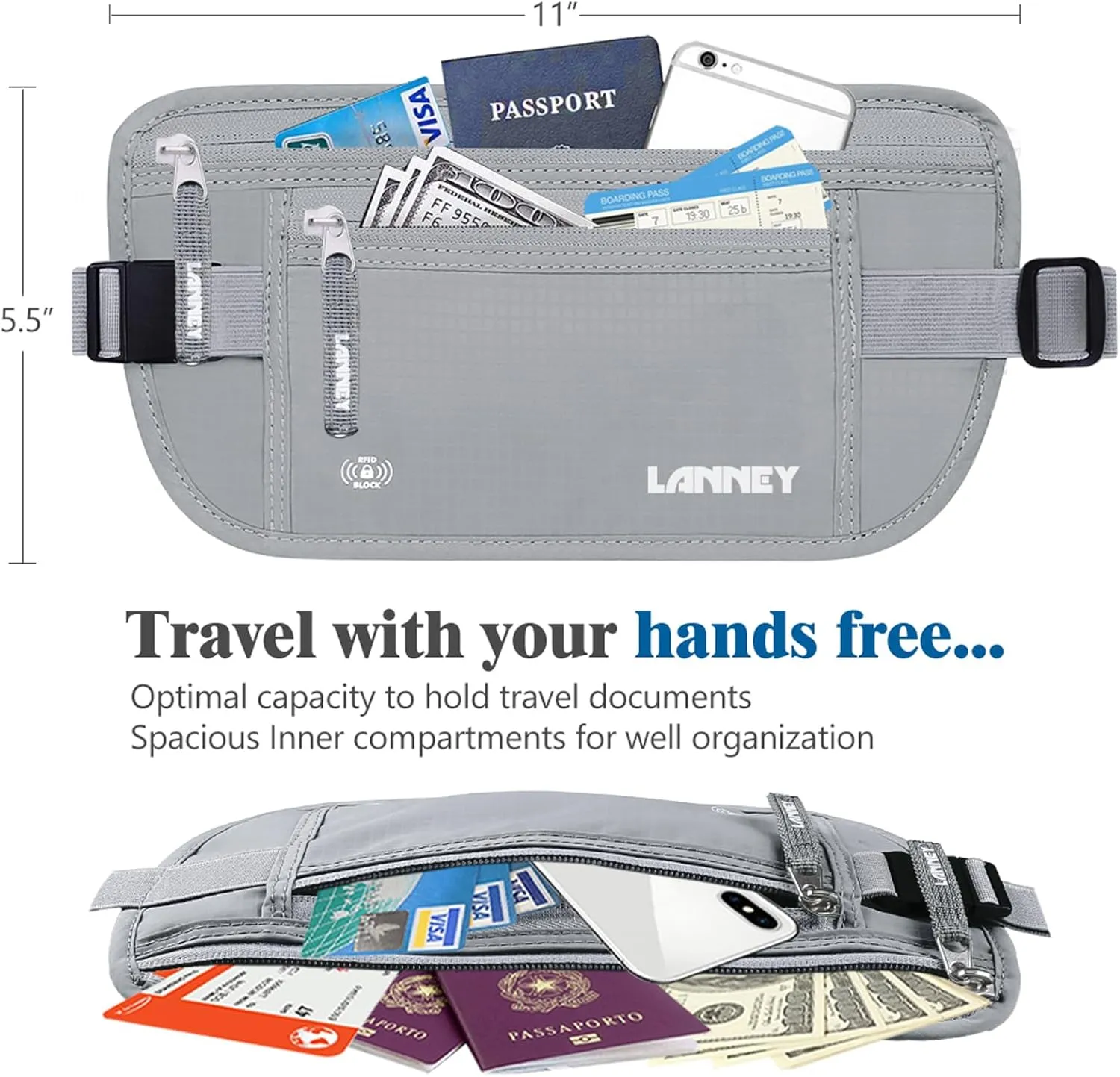 Money Belt for Travel, Slim RFID Blocking Women and Men Hidden Travel Pouch Under Clothes, Passport Holder Protect Cash, Documents, Credit Card, Bonus 2 RFID Sleeves
