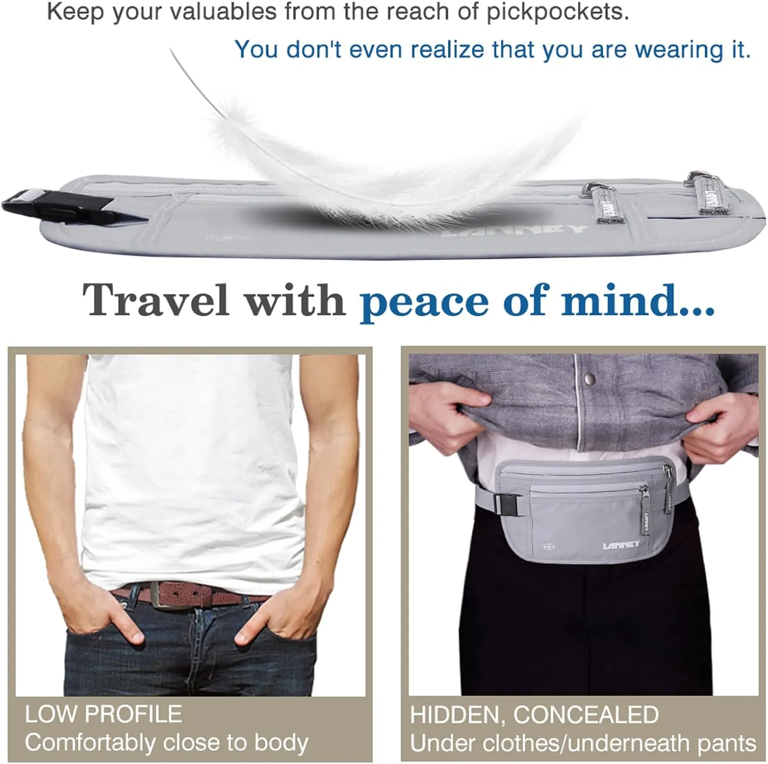 Money Belt for Travel, Slim RFID Blocking Women and Men Hidden Travel Pouch Under Clothes, Passport Holder Protect Cash, Documents, Credit Card, Bonus 2 RFID Sleeves