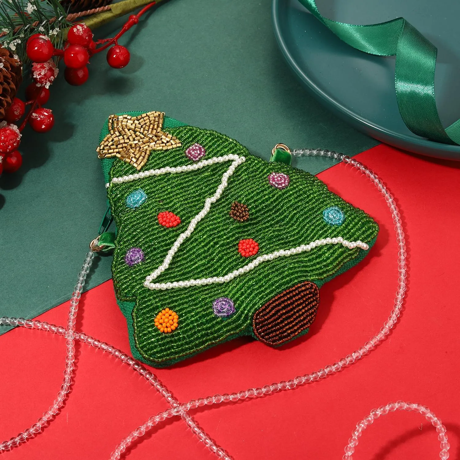 NVENF Christmas Purse Crossbody Bag for Women Beaded Christmas Tree Reindeer Boot Shoulder Bag Holiday Accessories Gifts