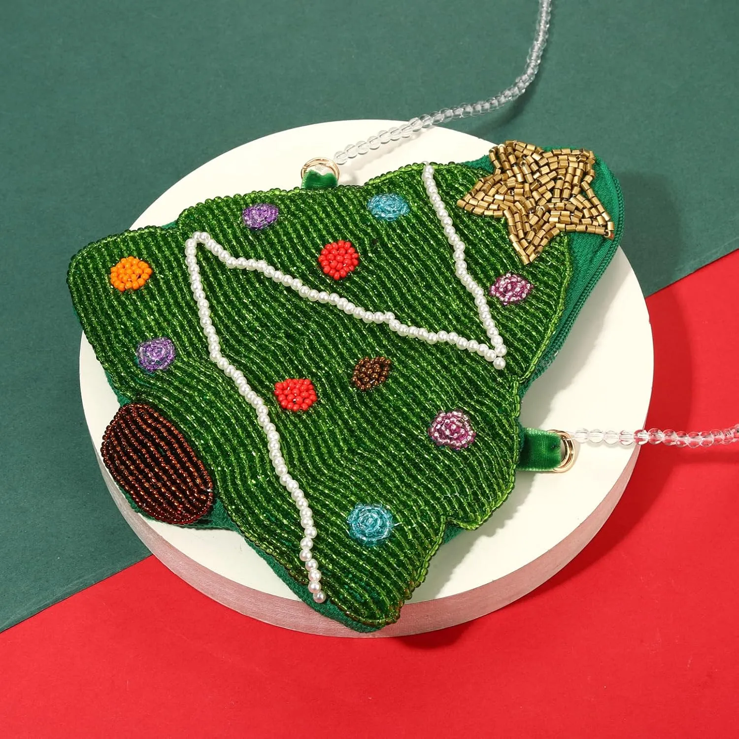 NVENF Christmas Purse Crossbody Bag for Women Beaded Christmas Tree Reindeer Boot Shoulder Bag Holiday Accessories Gifts