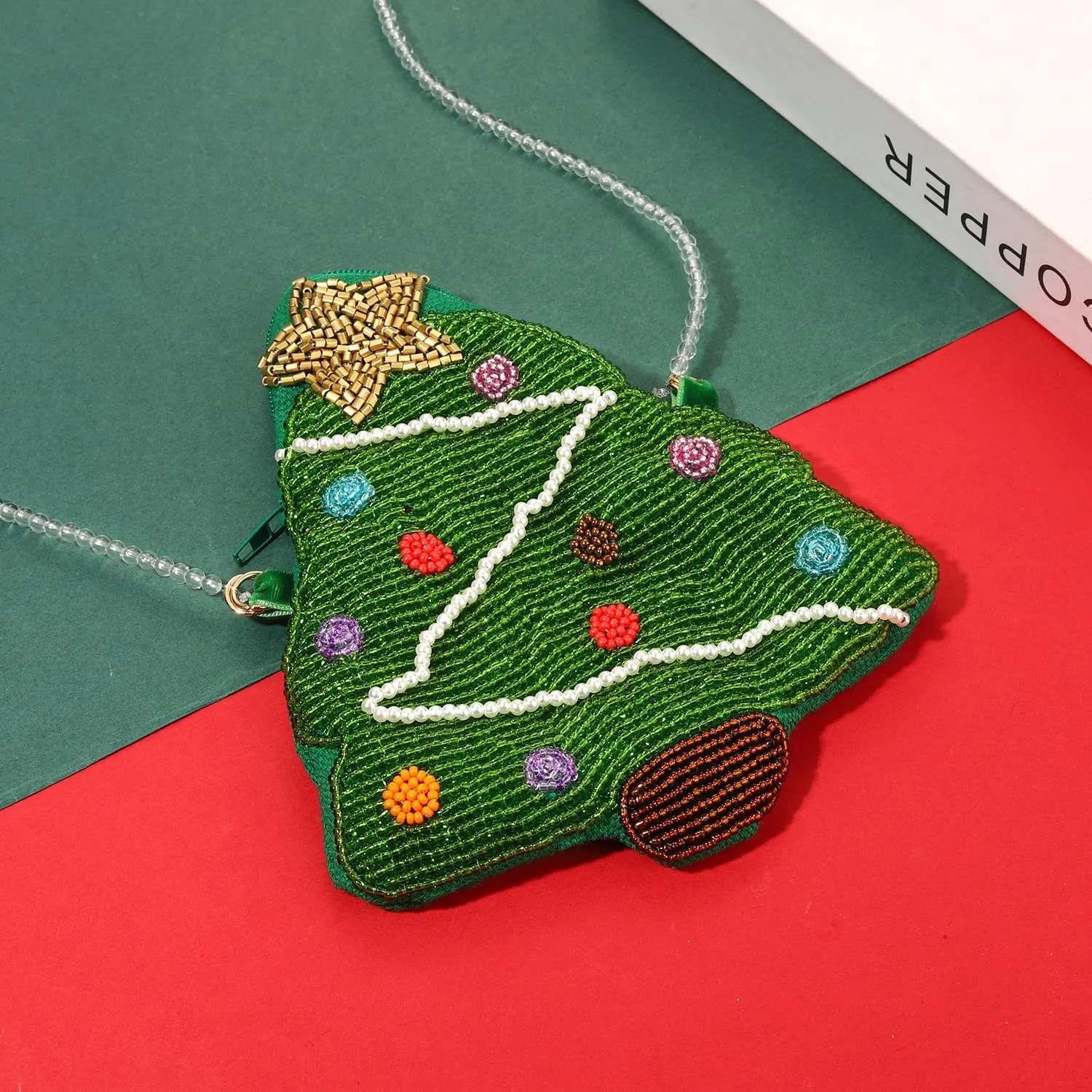 NVENF Christmas Purse Crossbody Bag for Women Beaded Christmas Tree Reindeer Boot Shoulder Bag Holiday Accessories Gifts