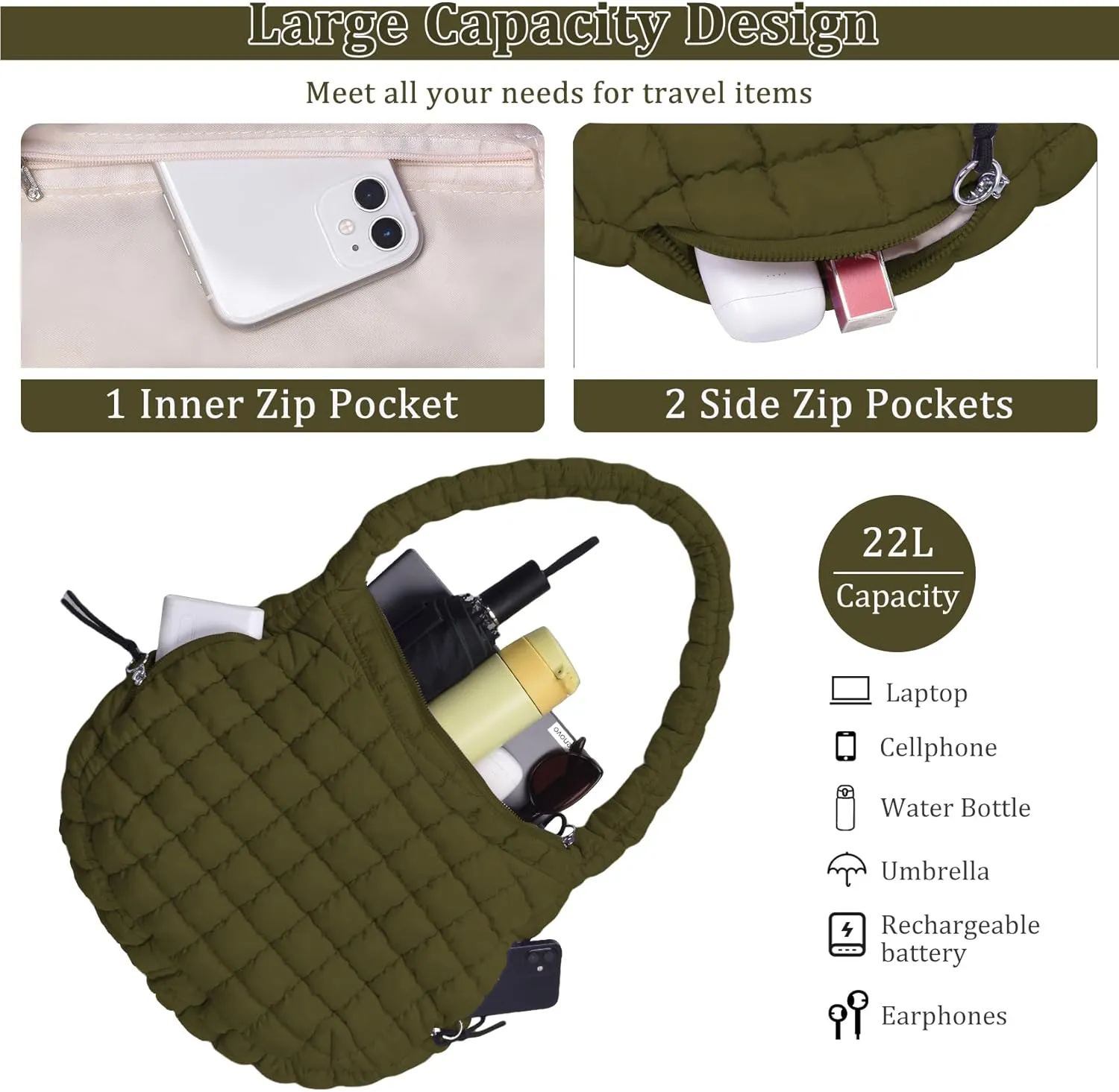 Puffer Tote Bag Quilted Tote Bag for Women Large Puffy Purse Lightweight Padding Cotton Crossbody Carryall Bag
