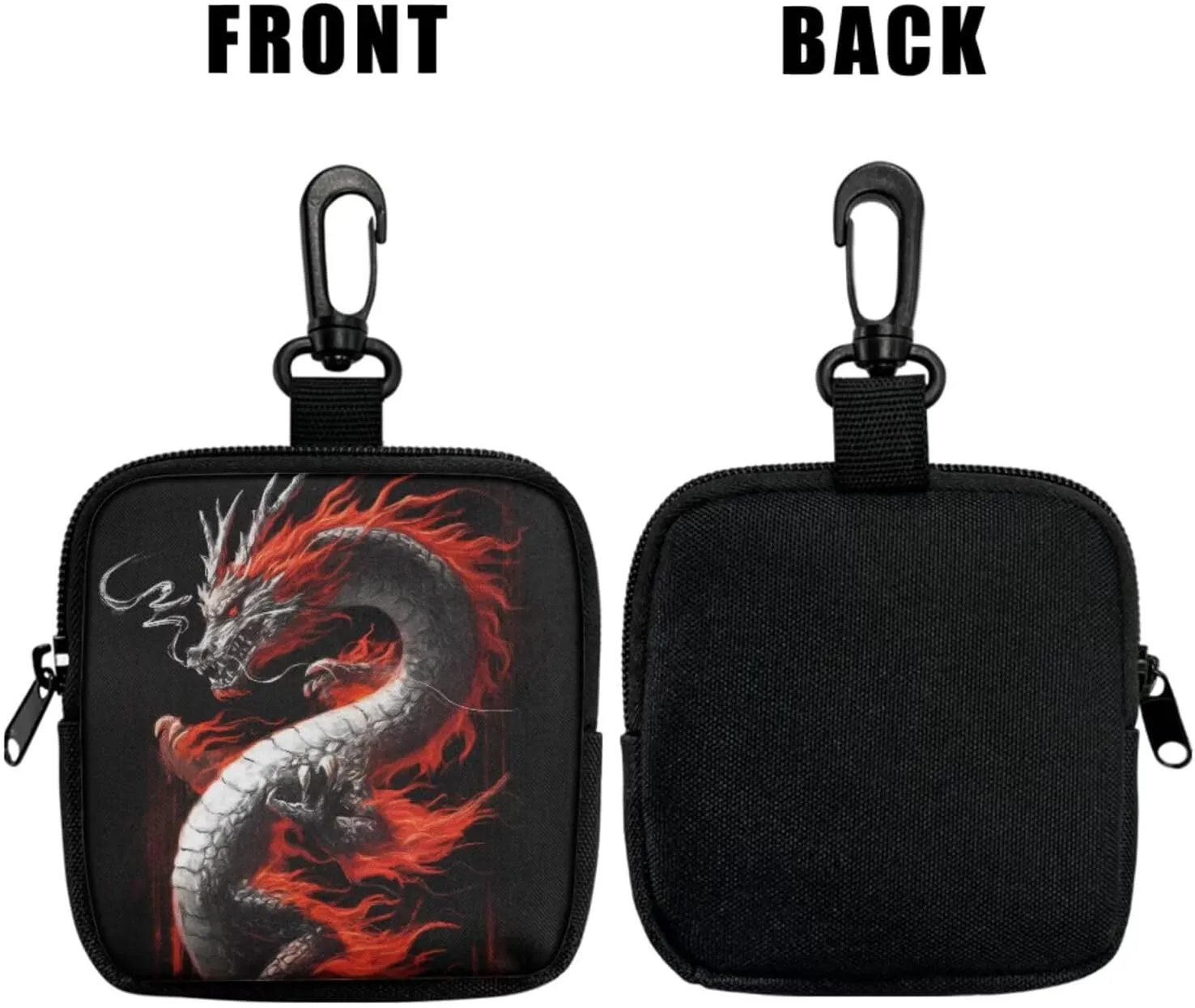 Red Chinese Dragon Small Wallet for Women Credit Card Holder, Traditional Oriental Dragon Printed Change Pouch with Keychain Zipper Tactical Pouch, Black