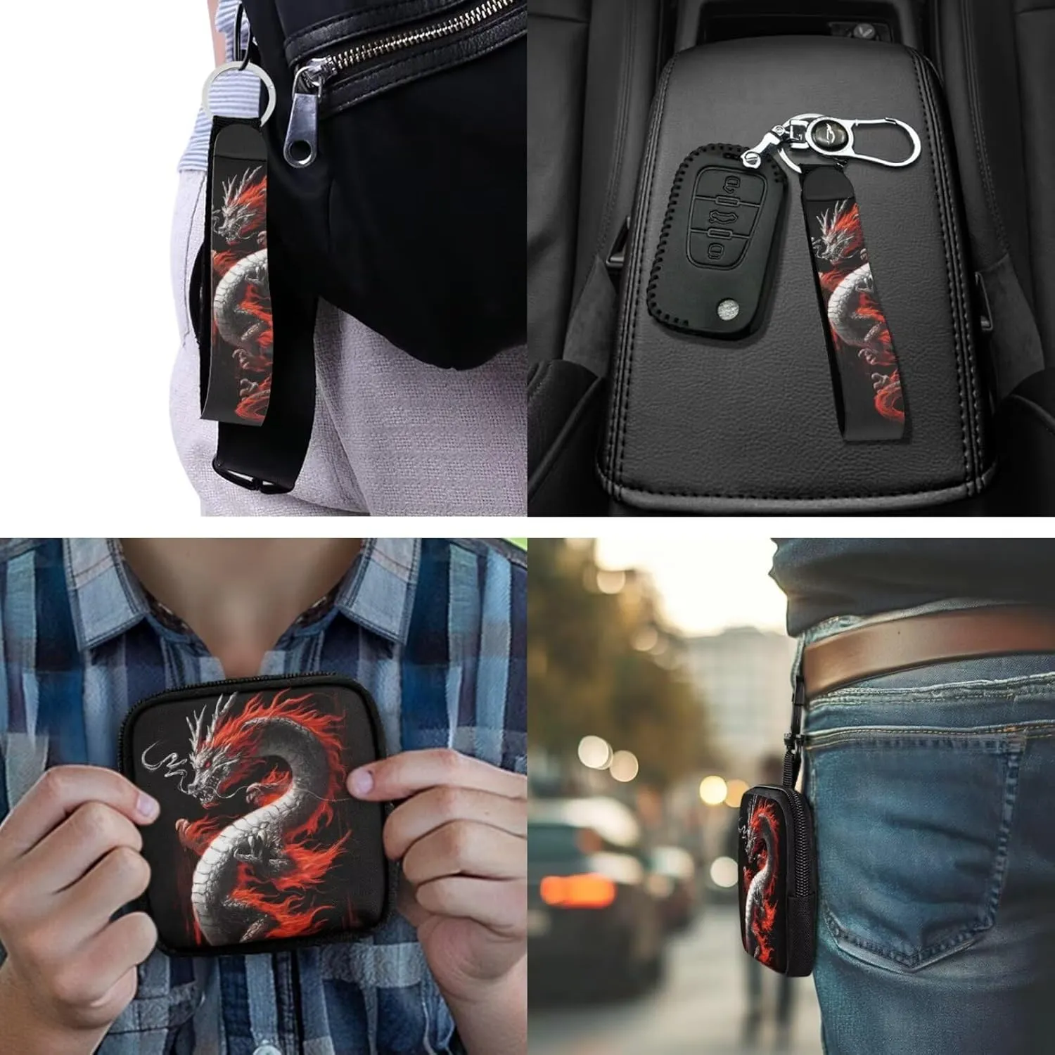 Red Chinese Dragon Small Wallet for Women Credit Card Holder, Traditional Oriental Dragon Printed Change Pouch with Keychain Zipper Tactical Pouch, Black