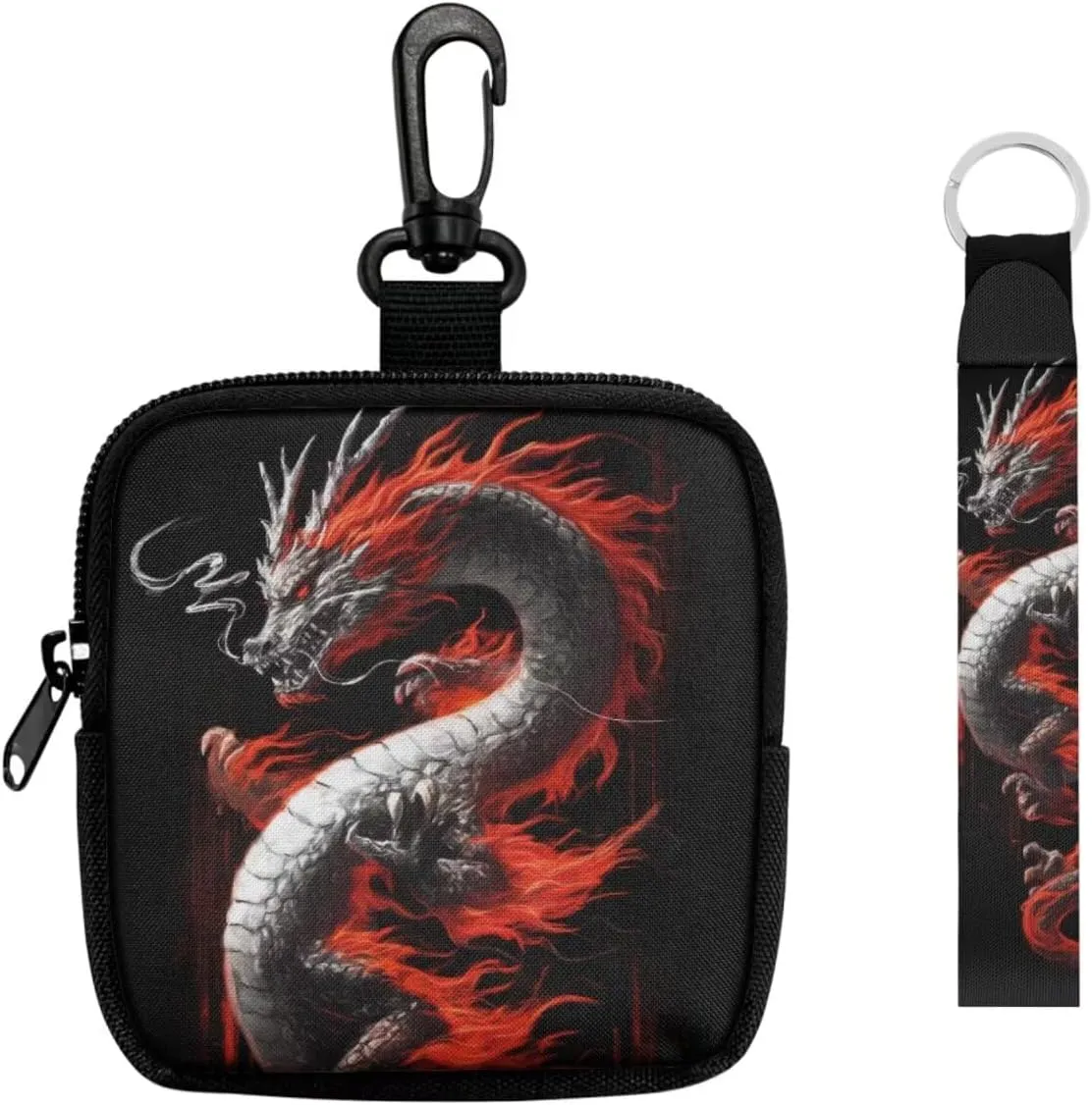 Red Chinese Dragon Small Wallet for Women Credit Card Holder, Traditional Oriental Dragon Printed Change Pouch with Keychain Zipper Tactical Pouch, Black