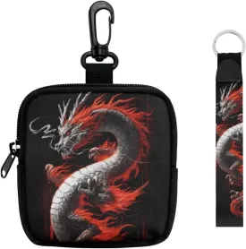 Red Chinese Dragon Small Wallet for Women Credit Card Holder, Traditional Oriental Dragon Printed Change Pouch with Keychain Zipper Tactical Pouch, Black