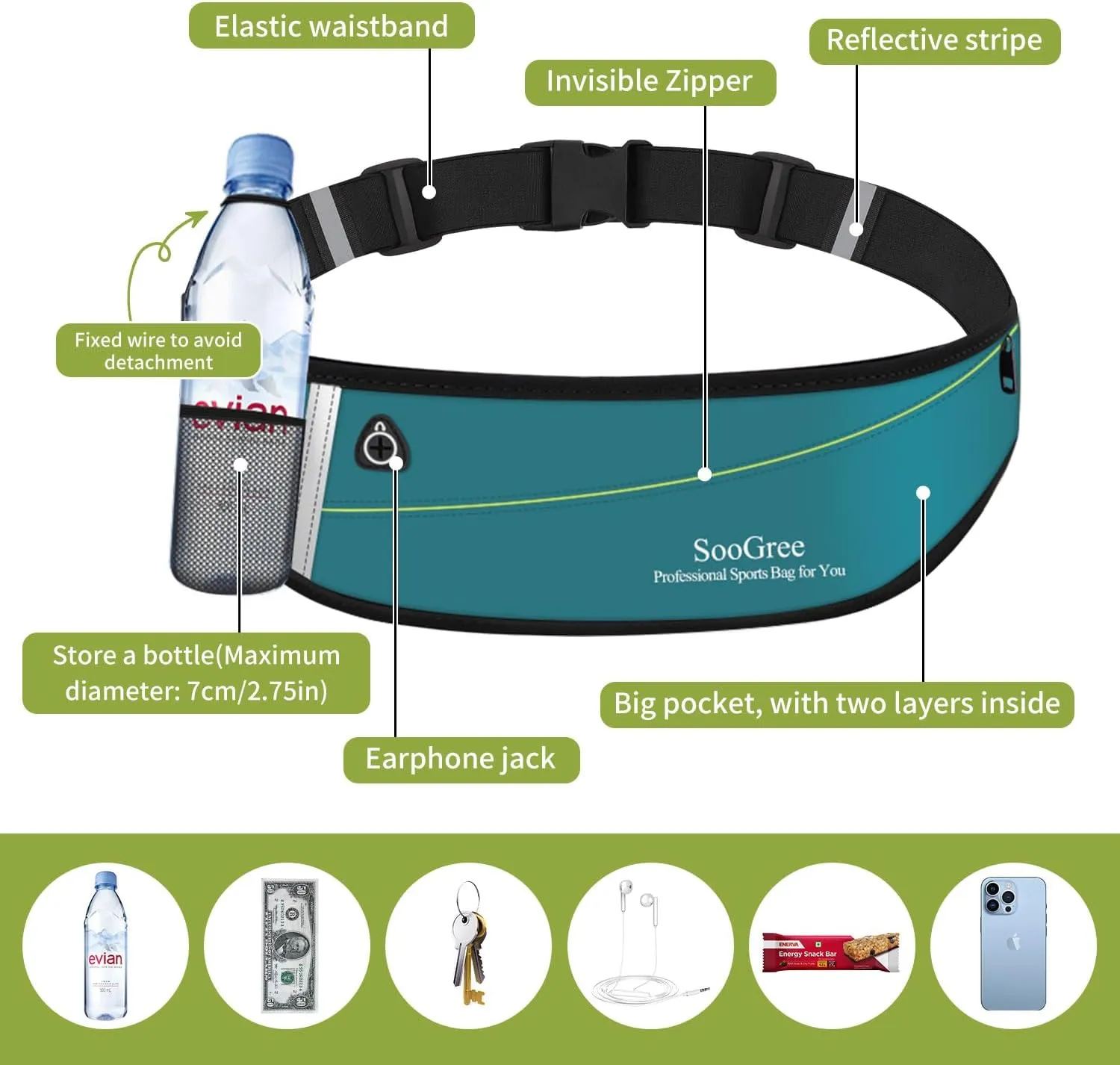 Slim Running Belt Fanny Packs for Women Men,Water Bottle Holder Hydration Fanny Pouch,Waterproof Sport Waist Pack with Reflective Strip,Runner Belt Bag for Running Cycling Camping Gym (Blue)