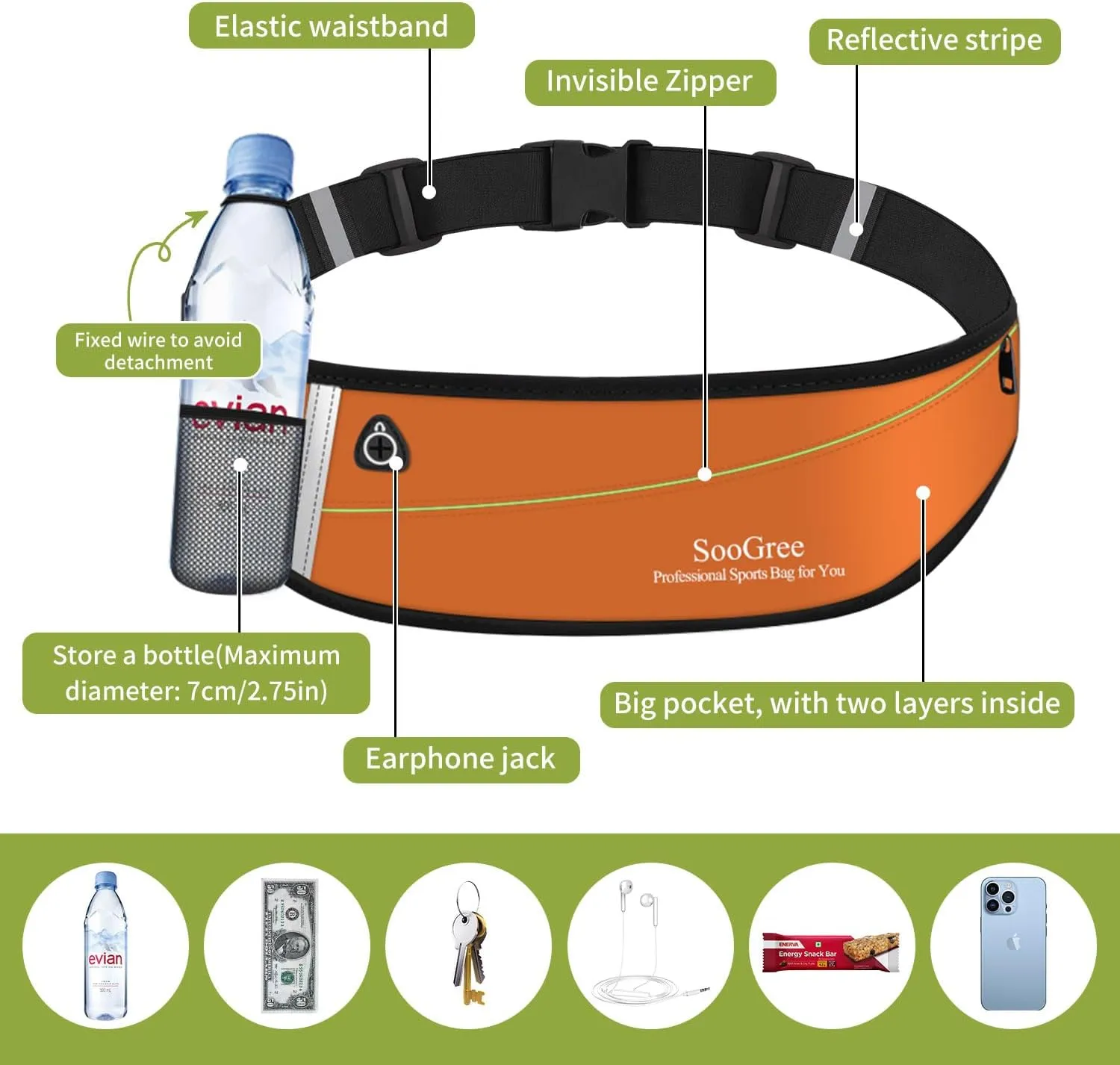 Slim Running Belt Fanny Packs for Women Men,Water Bottle Holder Hydration Fanny Pouch,Waterproof Sport Waist Pack with Reflective Strip,Runner Belt Bag for Running Cycling Camping Gym (Orange)