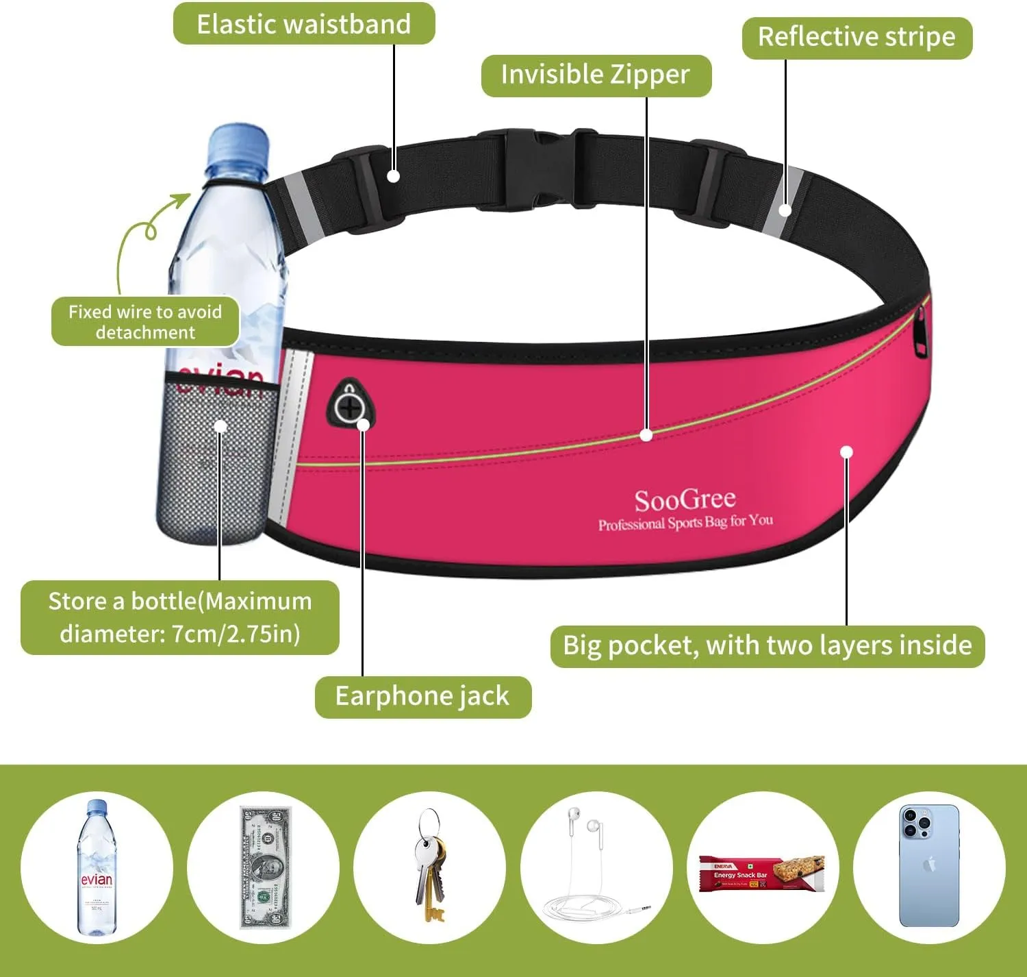 Slim Running Belt Fanny Packs for Women Men,Water Bottle Holder Hydration Fanny Pouch,Waterproof Sport Waist Pack with Reflective Strip,Runner Belt Bag for Running Cycling Camping Gym (Pink)