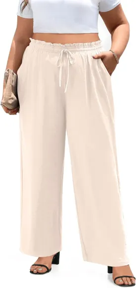 syoss Women's Plus Size Pants High Waist Adjustable Knot Lounge Pants Straight Long Trousers with Pockets