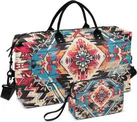 Travel Duffel Bag Large Weekender Overnight Bags for Women Men, Southwestern Navajo Tribal Gym Bag with Toiletry Bag