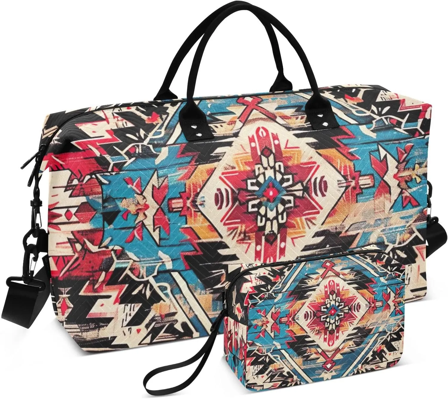 Travel Duffel Bag Large Weekender Overnight Bags for Women Men, Southwestern Navajo Tribal Gym Bag with Toiletry Bag