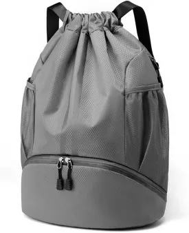 Valleycomfy Sports Drawstring Backpack - Water Resistant String Bag with Side Mesh Pockets Shoe Compartment Gym Backpack for Women & Men Dark Grey