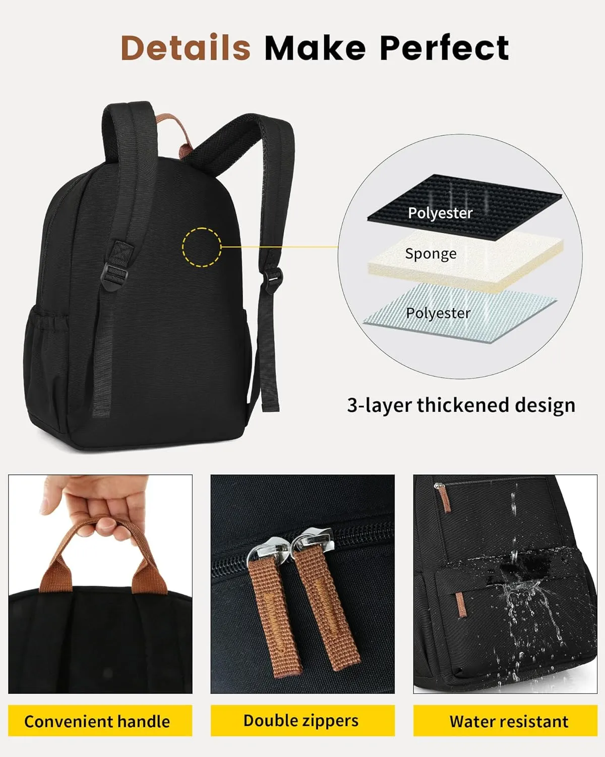 Vorspack Backpack for Men and Women - Lightweight Backpack Classical Basic Bookbag with Multi-pockets Casual Daypack for College Workplace Travel - Black