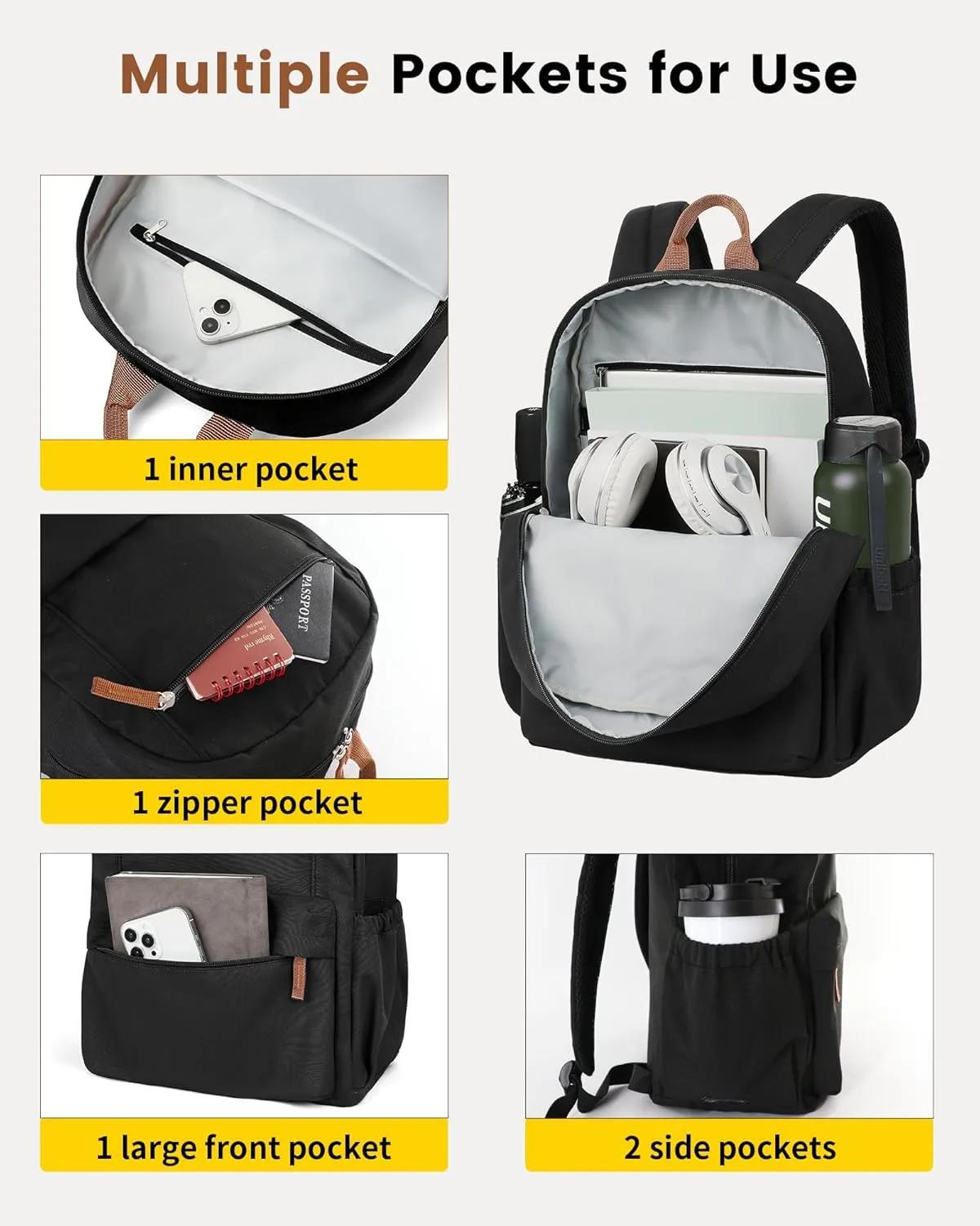 Vorspack Backpack for Men and Women - Lightweight Backpack Classical Basic Bookbag with Multi-pockets Casual Daypack for College Workplace Travel - Black