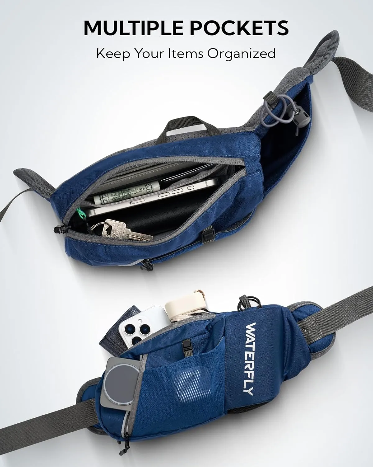WATERFLY Fanny Pack Waist Bag: Hiking Water Bottle Holder with Strap Waist Pack for Women Men Hydration Hip Packs for Running Walking Traveling-Blue
