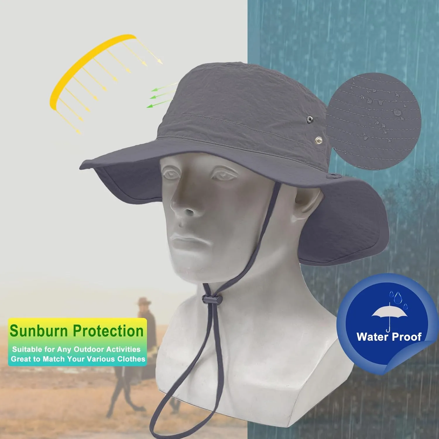 Waterproof Bucket Rain Hat for Women Wide Brim UV Protection Foldable Mesh Soft Boonie Beach Fishing Cowboy Hat Men