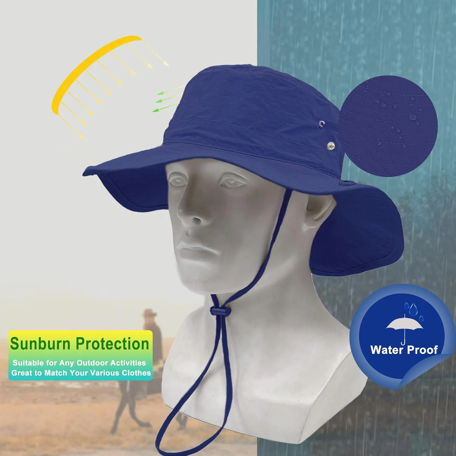 Waterproof Bucket Rain Hat for Women Wide Brim UV Protection Foldable Mesh Soft Boonie Beach Fishing Cowboy Hat Men