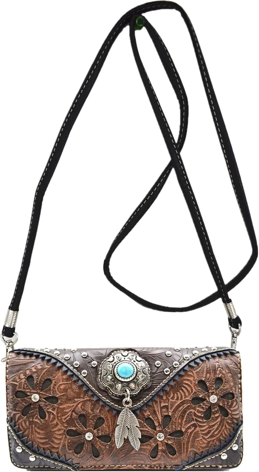 Western Feather Tooled Leather Floral Laser Cut Flower Purse Studs Single Shoulder Bag Clutch Women Trifold Wristlets Wallet (Coffee)
