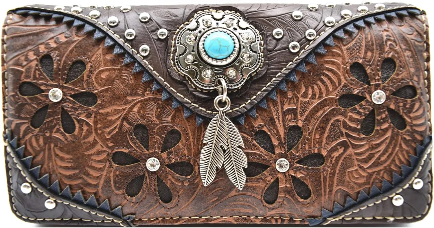Western Feather Tooled Leather Floral Laser Cut Flower Purse Studs Single Shoulder Bag Clutch Women Trifold Wristlets Wallet (Coffee)